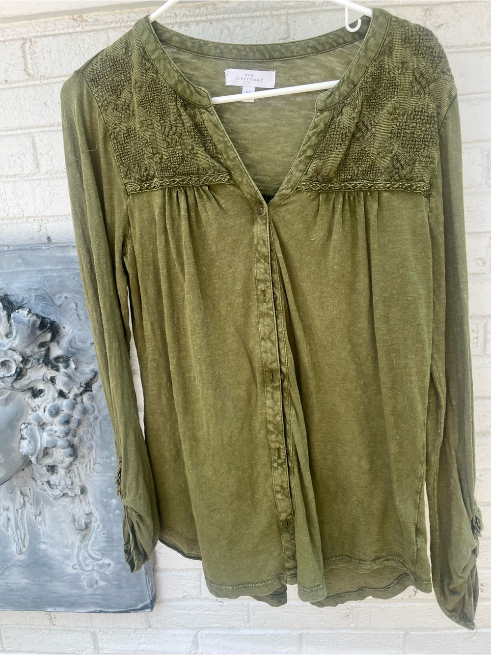 new directions snub knit 100% Cotton Olive Green Button-Front Embroidered Yoke T